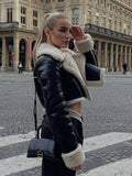 Women Fashion Lapel Lambswool Coat Double Sided Short Jacket Autumn Winter elegant Female Fleece Warm Thick Chic