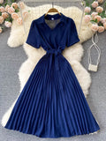 Summer Vintage Women Pleated Dress Red/Pink/Brown Turn-Down Collar Short Sleeve High Waist Casual Draped A-Line Vestido New