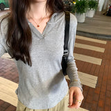 Basic Style Threaded Hooded Top Women's Autumn And Winter New Slim Short-Sleeved T-Shirt-Outfit