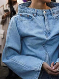 Women's Denim Loose Coat Long Flare Sleeve Burr Irregular Patchwork Solid Color Jackets 2024 Summer American Retro 29L1211-Outfit