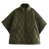 Toloer Half Zipper Loose Waterproof Cloak Type Cotton Coat Female Half Sleeve Diamond Lattice Wire Padded Coat-Outfit