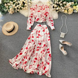 Sexy Chiffon Two Piece Set Women Autumn Bohemian Vacation Beach Short Tops And Ruffle Irregular Long Skirt Female Print Suit