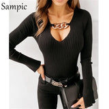 V Neck Black White Khaki Chain Knitted Split Long Sleeve T Shirts Women Tops Patchwork Skinny Basic Tees Autumn
