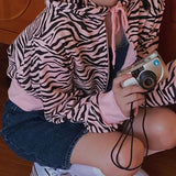 Deeptown Zebra Print Zip Up Hoodie Women Vintage Stripe Crop Top Korean Style 2021 Autumn Long Sleeve Sweatshirt Y2k Chic