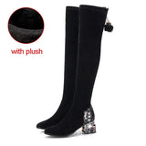 Over The Knee Boots For Women Rhinestone Square Block Heels Thigh High Boots Female Winter Fleece Shoes Black Botas