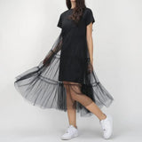 Summer Korean Splicing Pleated Tulle T shirt Dress Women Big Size Black Gray Color Clothes New Fashion