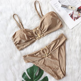 Toloer New Sexy Bikini Solid Color Strapless High Waist Swimsuit Metal Accessories Women's