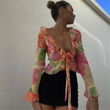 Floral Print Blouse Y2K Long Sleeve See-Through Women Lace Crop Top V Neck Ruffles Spring Casual Bandage Boho Beach