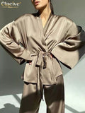 Fashion Loose Satin Pants Set Women Casual Long Sleeve Shirts Wide Trousers Suits Elegant Home Wear Two Piece Robe
