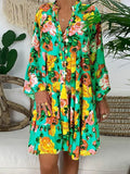 Bohemian Women Dresses Summer Long Sleeve Button Loose Mini Dress Big Swing Boho Dress Printed Vestido 425-0-Outfit