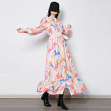 Print Floral Dress For Women Stand Collar Long Sleeve High Waist Colorblock Midi Dresses Female Fashion Clothes