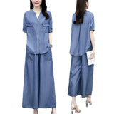 Cowboy Broad Leg Pants Set Summer Large Size Cover Thin Mother Casual Loose Ocean To Lose Age Thin