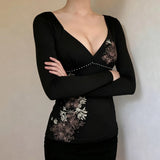 Flower-Print Cross-Chest Type V-Neck Dress Autumn New Temperament Long Sleeve Bottom T-Shirt