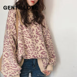 2019 Fall Winter Casual Leopard Print Knitted Pullover Streetwear Jumpers Harajuku Long Sleeve Retro O Neck