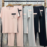 Summer Women's Solid Color Pit Strip Love Embroidery Set Collision Color Pajamas Set Home Clothes-Outfit