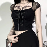 Street T-shirt Women Lace Patchwork Square Collar Short Sleeve Clothes Gothic Punk Lacing Slim Dark Top Tee Femme-Outfit