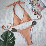 Toloer Sexy Bikini Color Female Split Strap Deluxe Crystal Diamond Swimsuit Metal Accessory