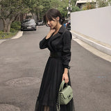 Blazer Dresses 2022 Spring Casual Mesh Patchwork Notched Collar Long Sleeve With Belt Midi Dresses Big Swing
