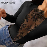 Women Basic Solid Lace Patch Long Sleeves Sexy Skinny Black Blouses Tops-Outfit