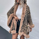 Women Coats & Jackets for Winter Leopard Color Faux Fur Collar Thick Warm Knitted Capes & Ponchos Autumn Outwear