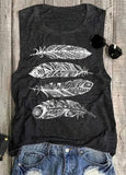 Tank Top Women Feather Print Top Casual Loose O-neck tshirt Sleeveless Tee 2022 New Gray Women Clothes Summer