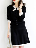 Ladies Women Sweater Skirt Suit Casual Knitted Female Skirts Suits Bow Button Two Piece Sets Womens Outifits Winter