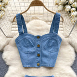 Port Style Retro Hottie Set Short Sling Vest With Mini Half-Dress Denim Two-Piece