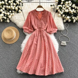 Autumn Women Green/Orange/White Hollow Out Midi Dress Elegant V-Neck Puff Short Sleeve High Waist Party Robe Female Vestido