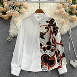 Women Print Spliced Long Blouse Casual Long Sleeve Button Loose 2022 Autumn Streetwear French Office Lady Fashion