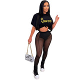 Top And Mesh See Through Pant Solid Color Two-Piece