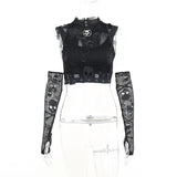 Skull Fishnet Mall Gothic Women Tank Tops Grunge Aesthetic Punk Black Crop Top With Glove E-girl Emo Alternative Vests-Outfit