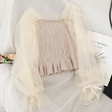 Korean Solid Mesh Long Sleeve Sexy Women Blouses 2020 New Arrival Slash Neck Female Shirts Elegant Mujer