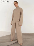 Asymmetrical Pullovers Knitted 2 Piece Set Women Casual Turtleneck Sweater And Pants Irregular Winter Warm
