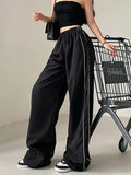 Women Streetwear Black Sweatpants High Quality Striped Patchwork Cargo Pants Retro Harajuku Korean Oversize Bf Trousers-Outfit