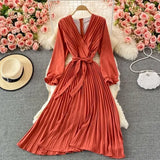 VAREY LIN New Spring Autumn Women Casual Solid Slim Dress Elegant A Line V Neck Puff Sleeve Chiffon Pullover Mid-Calf