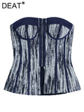 Women Denim Short Tank Tops Strapless Sleeveless Zipper Patchwork Slim Contrast Color Top 2024 Summer New Fashion 29L451-Outfit