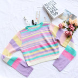 Cute Sweet Autumn O-neck Long Sleeve Straped Sweaters Casual Looesd Rainbow Knitted Pollovers Streetwear Chic New