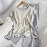 Korean OL O Neck Short Sleeve Hit Color Patchwork Pullovers and High Waist Knitted Wide Leg Pants 2 Pieces Sets