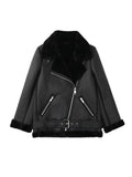 Faux Leather Lapel Women Jacket Coat Loose Long Sleeve Thick Warm Coats Vintage Lambswool Female Locomotive