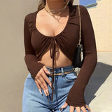 8 Colors Sexy Hollow Out Women Long Sleeve Crop Tops Striped Patchwork Drawstring Ribbed Bandage Fitness
