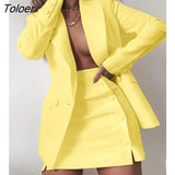 Women Streetwear Candy Colour Basic Blazer Sets Coat + Side Buttons Skirt Slim Suit Jacket Suits Office Lady Sets