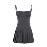 And Spicy Girl Chest Pleated One-Word Collar Small Sling Waist Show Thin Pleated Dress Pure Desire Girl Short Skirt-Outfit