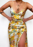 Sweet Strap Sleeveless Floral Print Slit Midi Asymmetrical Holiday