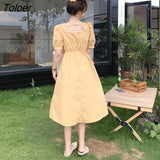 Collar Short Puff Sleeve Dress Women Empire Slim Mid-calf A-line Mori-girls Sweet Gentle Students Korean Style Fairy