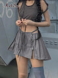 Gray Solid Mini Pleated Skirts Womens Hollow Out Low Waist Bandage Streetwear Zip Split Chic Casual A Line Skirt
