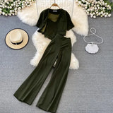Vintage Women Three Pieces Set Elegant V-Neck Short Blouse + Strap Camis + Wide Leg Pants Suit Green/Red/Yellow Spring Fall