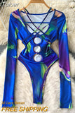 Fashion Women Tie Dye Print Bodysuits New Spring Summer Strappy Lace-up Hollow Out Long Sleeve Slim Bodysuits Body
