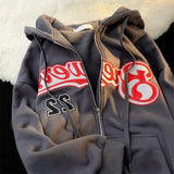 Women Letter Embroidery Hoodies Autumn Winter Retro Zipper Long Sleeve Loose Jacket Coats Y2K Harajuku Casual Hooded Sweatshirts 703-1-Outfit