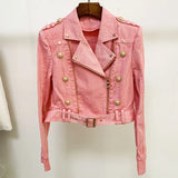 STREET Newest 2022 Designer Biker Jacket Women's Lion Buttons Motorcycle Biker Denim Short