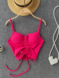 Summer Streetwear Black Soild Corset Top Backless Cami Strap Drawstring Bandage V Neck Crop Top Women 2022 Pink Tops